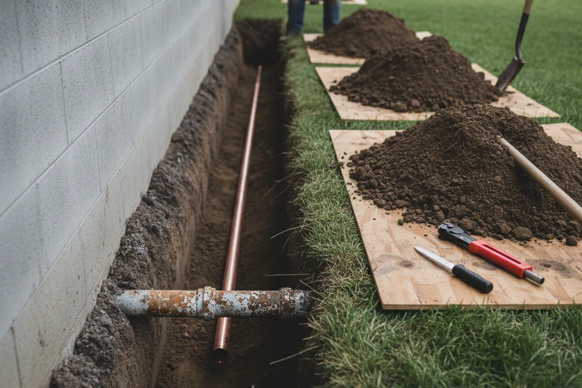 Excavated water line trench during Water Softener Installation in Kure Beach